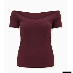 🆕 1X PURPLE BURGUNDY RIBBED OFF- SHOULDER TEE